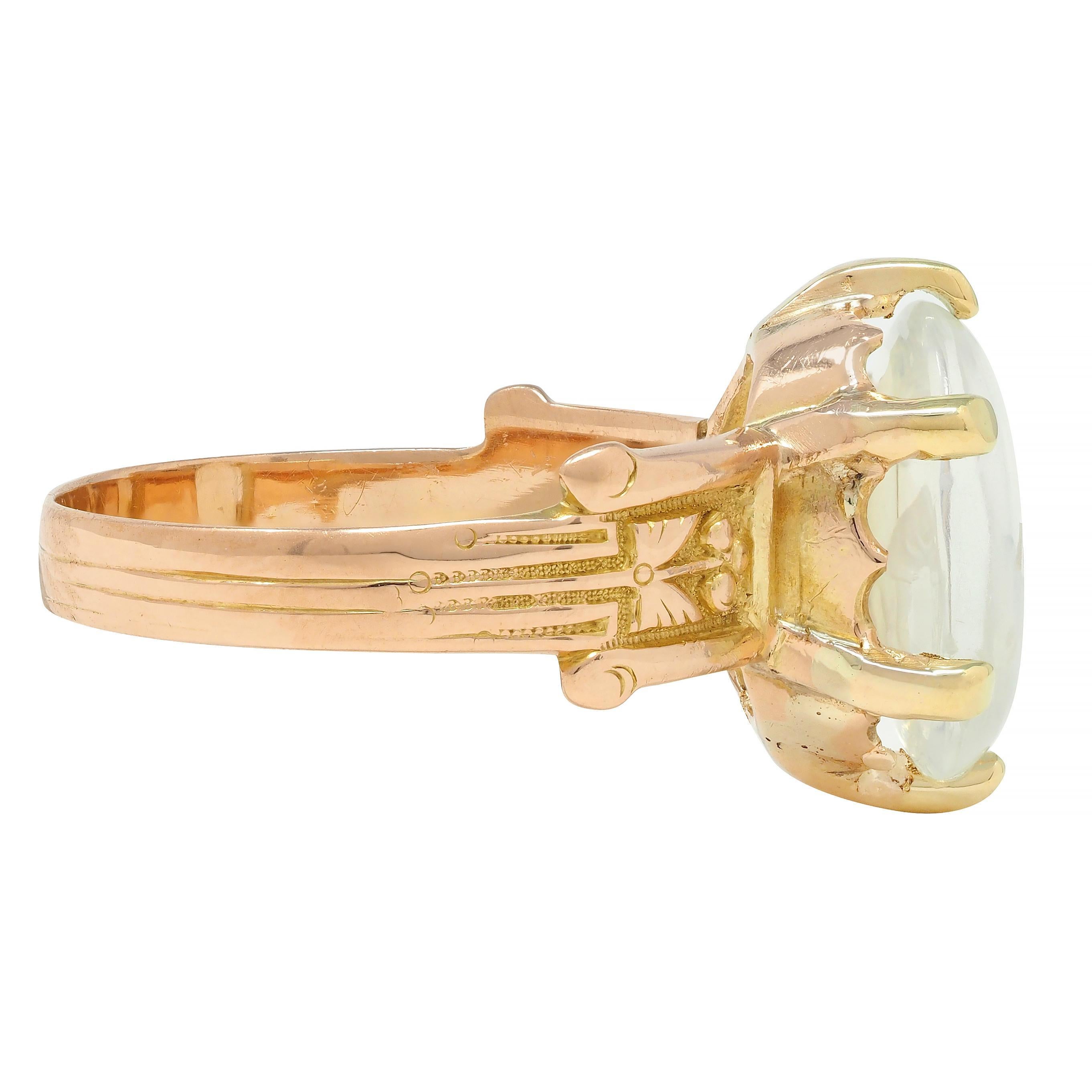 Women's or Men's Victorian Moonstone 14 Karat Yellow Gold Ram Intaglio Thistle Antique Ring