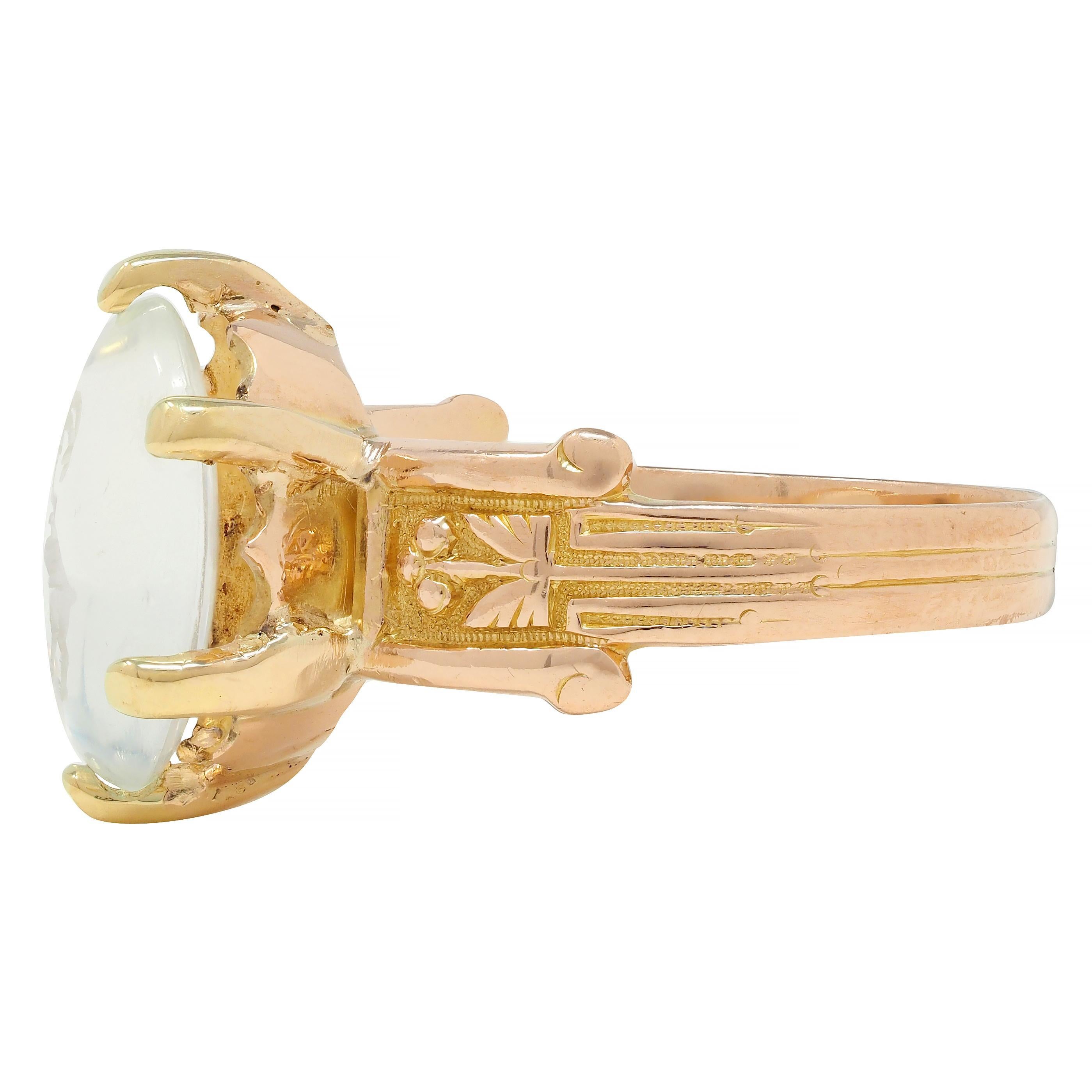 Victorian Moonstone 14 Karat Yellow Gold Ram Intaglio Thistle Antique Ring 2