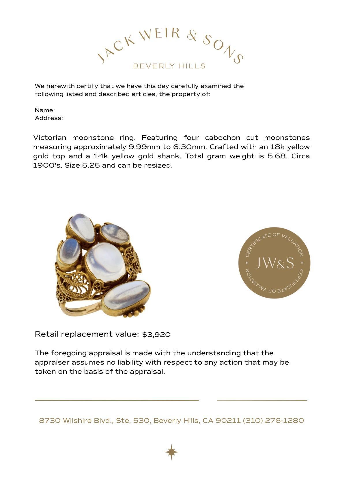 Women's Victorian moonstone 18k yellow gold ring For Sale