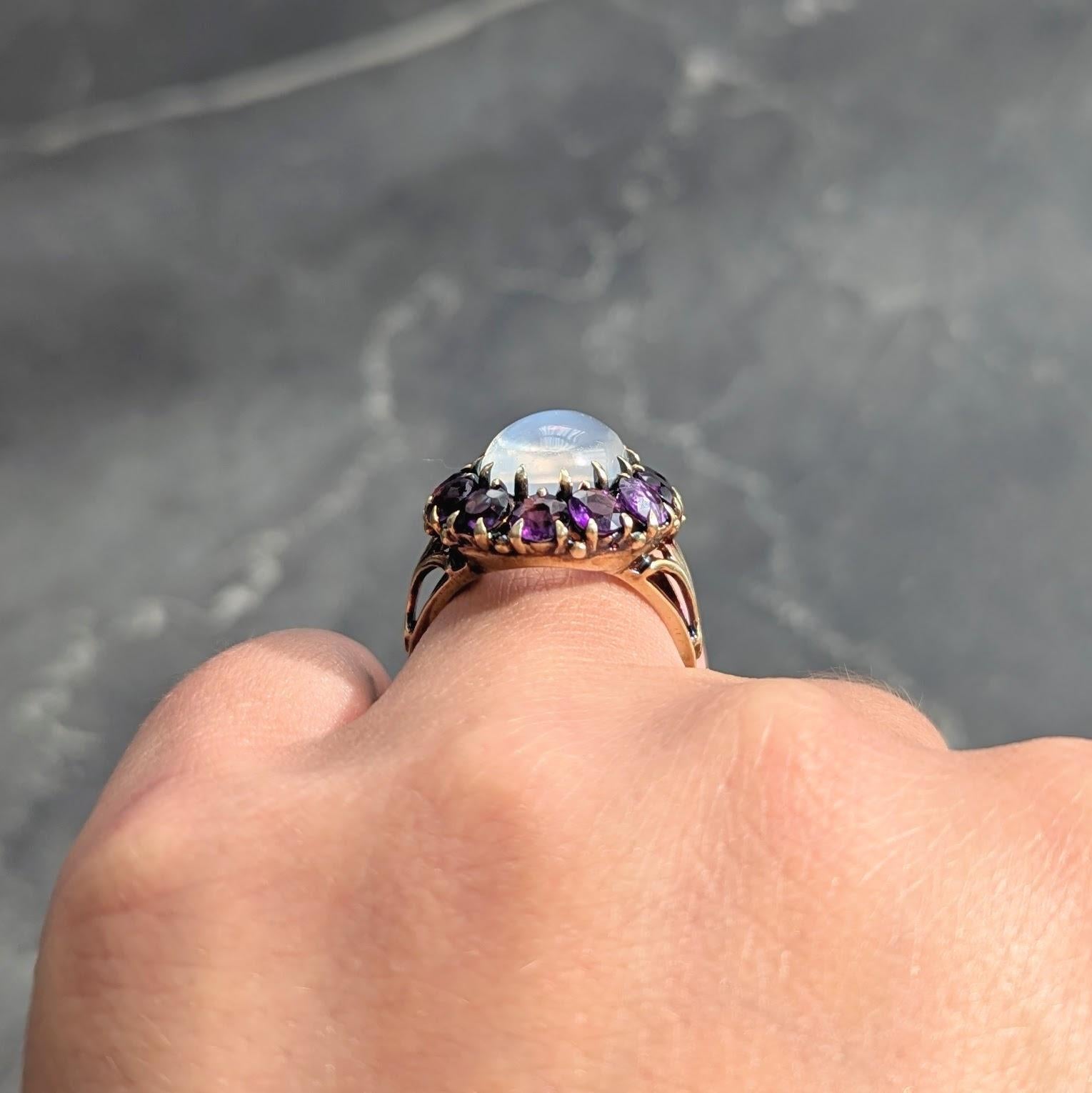Anello vittoriano con pietra di luna e ametista, in oro giallo 14 carati, con fiore aureolato antico in vendita 4