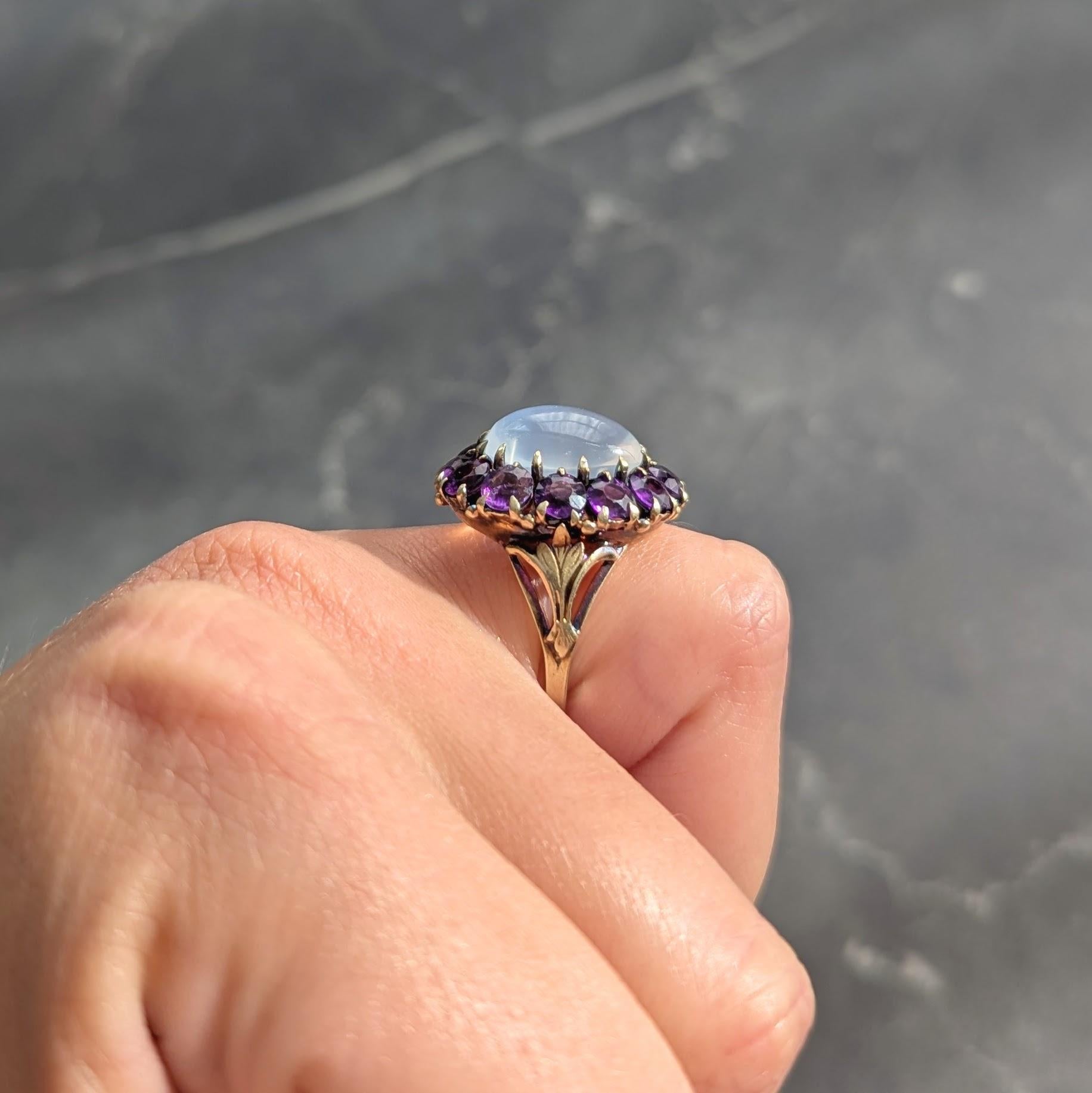 Anello vittoriano con pietra di luna e ametista, in oro giallo 14 carati, con fiore aureolato antico in vendita 5