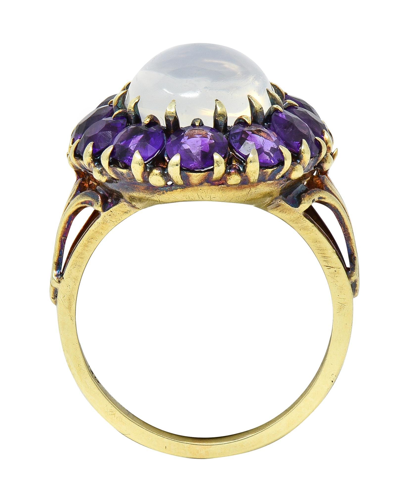 Anello vittoriano con pietra di luna e ametista, in oro giallo 14 carati, con fiore aureolato antico in vendita 2