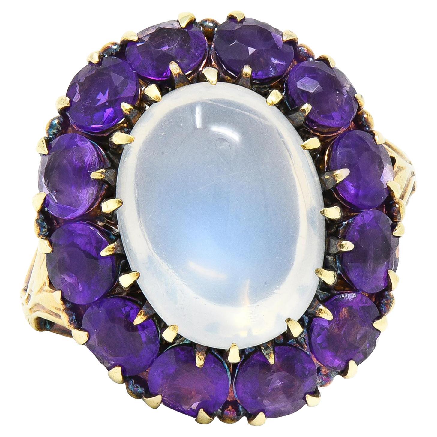Bague Victorienne Moonstone Amethyst 14 Karat Yellow Gold Antique Fleur-De-Lis Halo Ring
