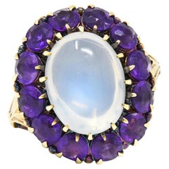 Victorian Moonstone Amethyst 14 Karat Yellow Gold Antique Fleur-De-Lis Halo Ring