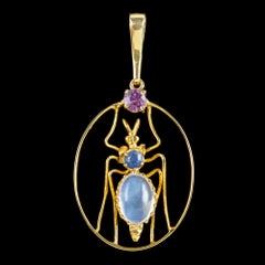 Victorian Moonstone Amethyst Sapphire Insect Pendant in 15ct Gold, circa 1900
