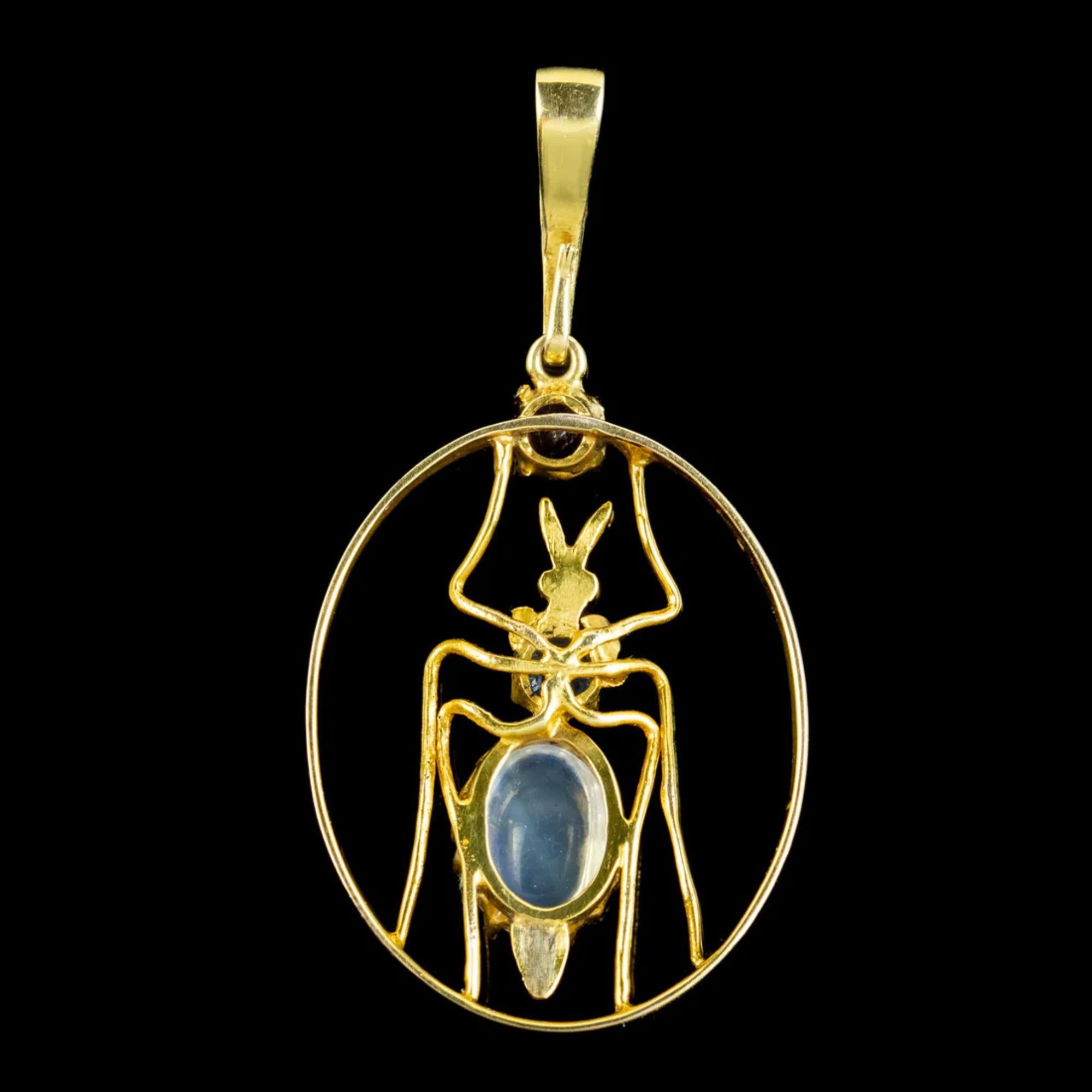Bead Victorian Moonstone Amethyst Sapphire Insect Pendant in 15ct Gold, circa 1900 For Sale