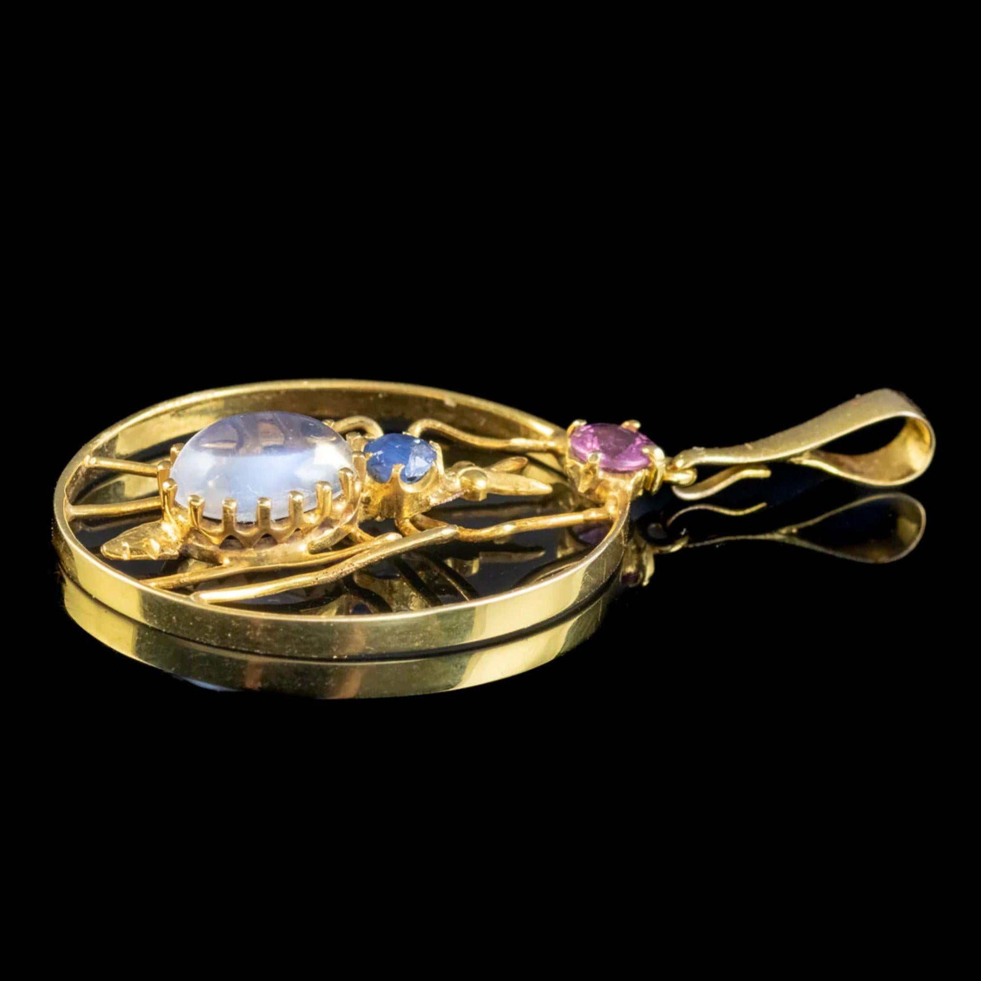 Victorian Moonstone Amethyst Sapphire Insect Pendant in 15ct Gold, circa 1900 In Good Condition For Sale In Kendal, GB