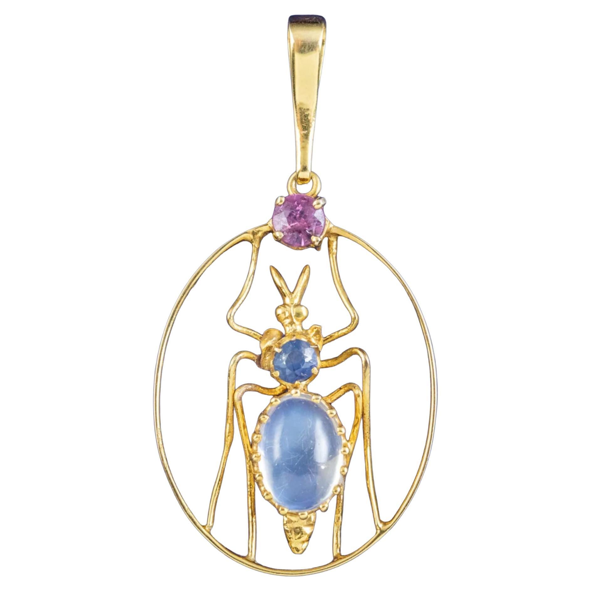 Victorian Moonstone Amethyst Sapphire Insect Pendant in 15ct Gold, circa 1900