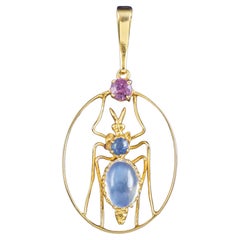 Antique Victorian Moonstone Amethyst Sapphire Insect Pendant in 15ct Gold, circa 1900