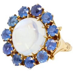 Antique Victorian Moonstone and Blue Sapphires Ring Set in 14 Karat Gold