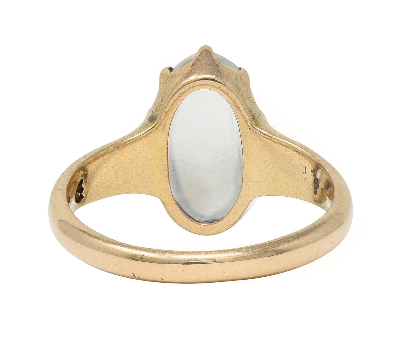 Victorian Moonstone Cabochon 14 Karat Rose Gold Antique Belcher Ring In Excellent Condition In Philadelphia, PA