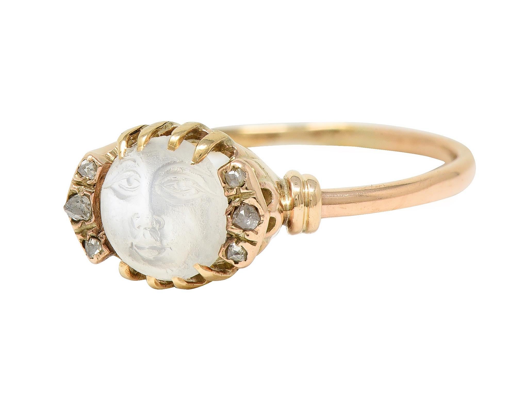 Women's or Men's Victorian Moonstone Diamond 14 Karat Yellow Gold Man In The Moon Antique Ring