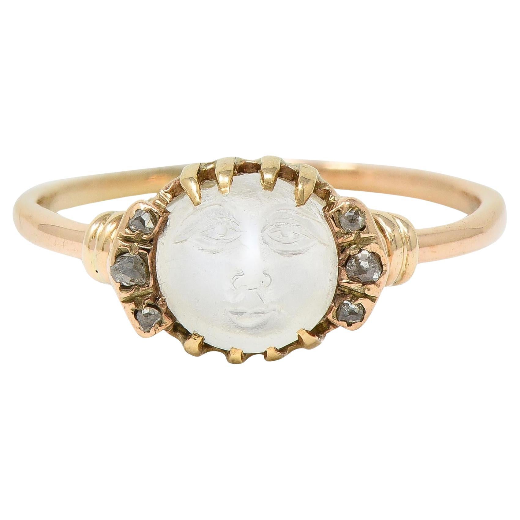 Victorian Moonstone Diamond 14 Karat Yellow Gold Man In The Moon Antique Ring