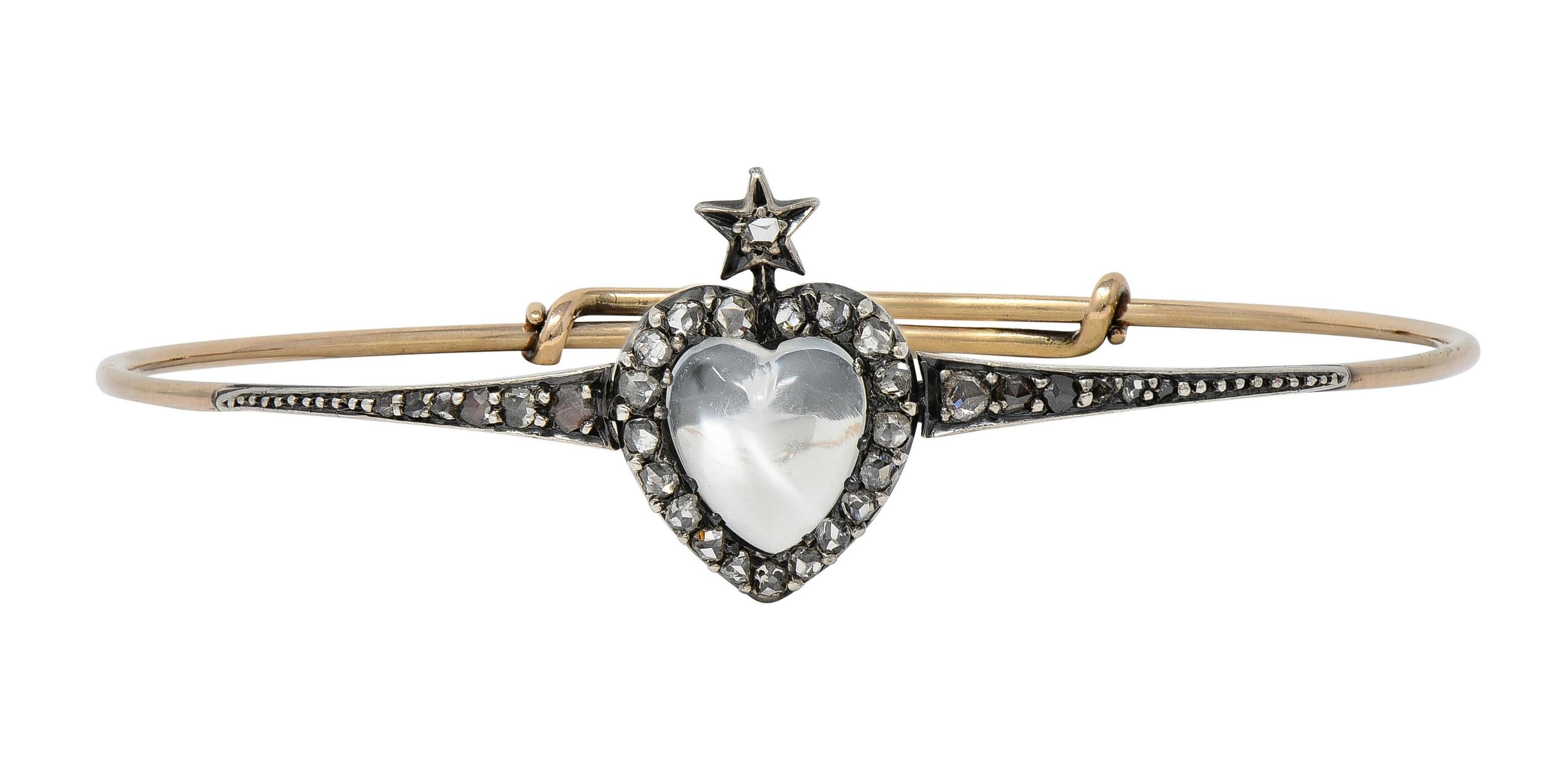 Heart Cut Victorian Moonstone Diamond 14K Gold Silver Heart Star Antique Bangle Bracelet For Sale