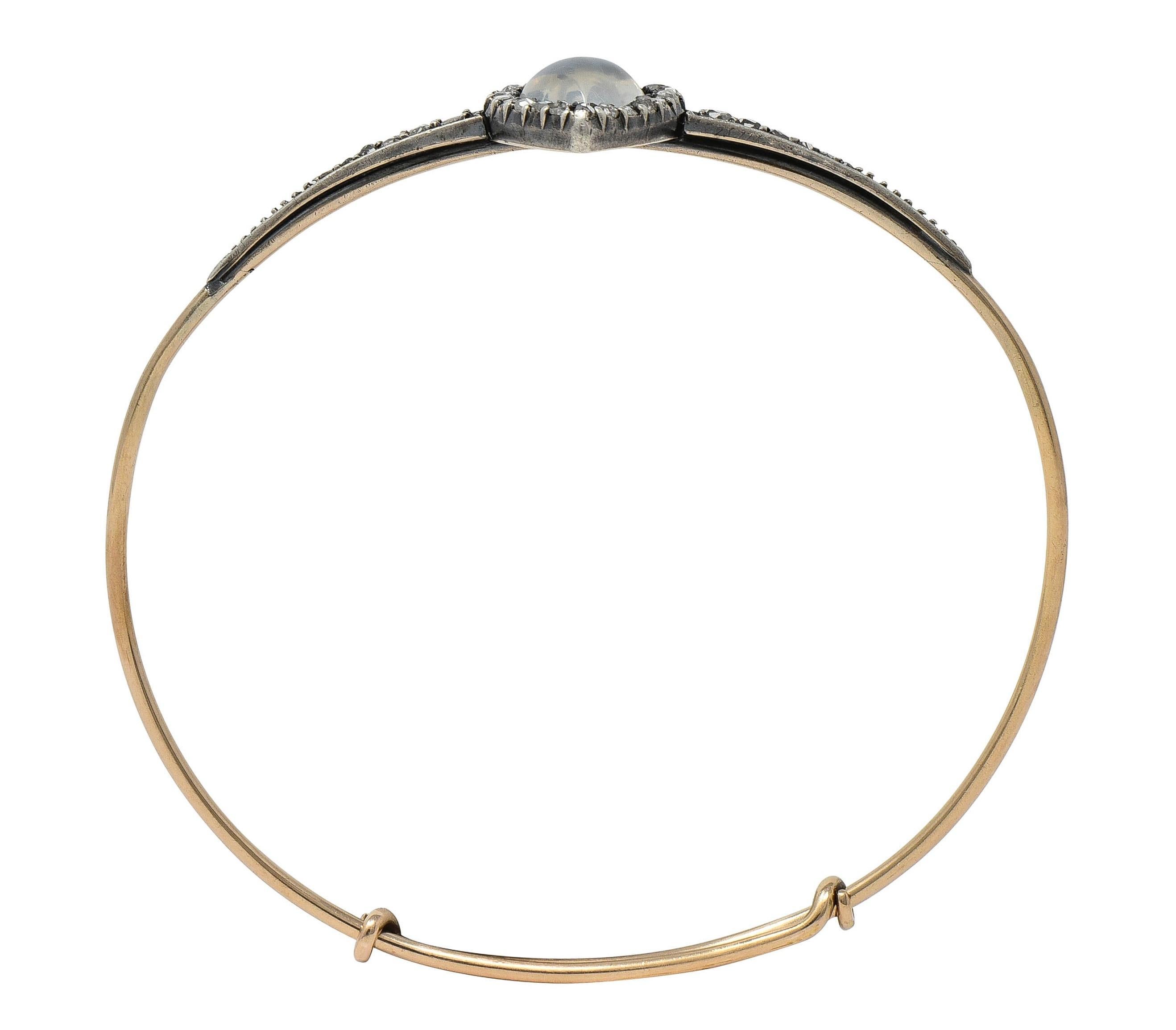 Victorian Moonstone Diamond 14K Gold Silver Heart Star Antique Bangle Bracelet In Excellent Condition For Sale In Philadelphia, PA