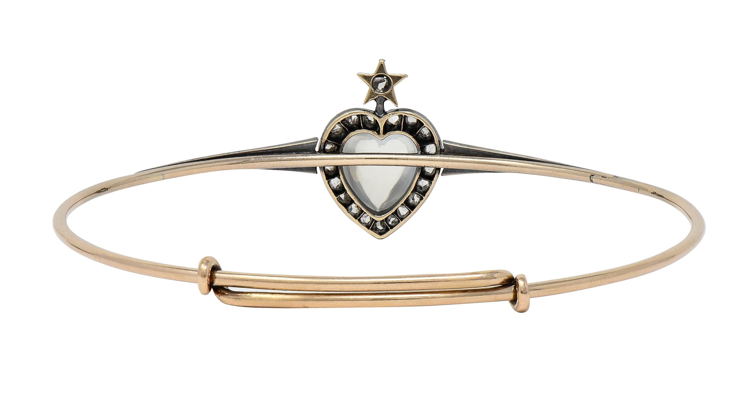 Women's or Men's Victorian Moonstone Diamond 14K Gold Silver Heart Star Antique Bangle Bracelet For Sale