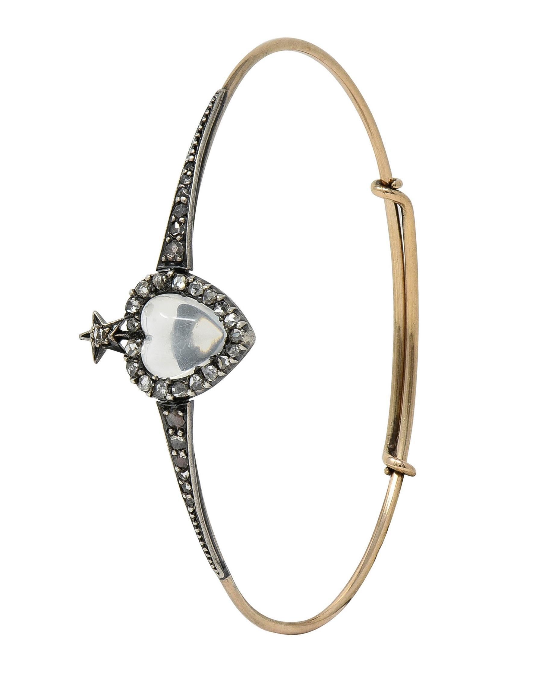 Victorian Moonstone Diamond 14K Gold Silver Heart Star Antique Bangle Bracelet For Sale 1