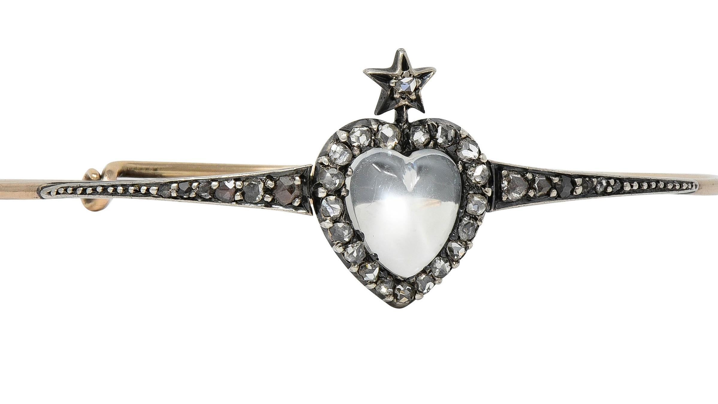 Victorian Moonstone Diamond 14K Gold Silver Heart Star Antique Bangle Bracelet For Sale 2