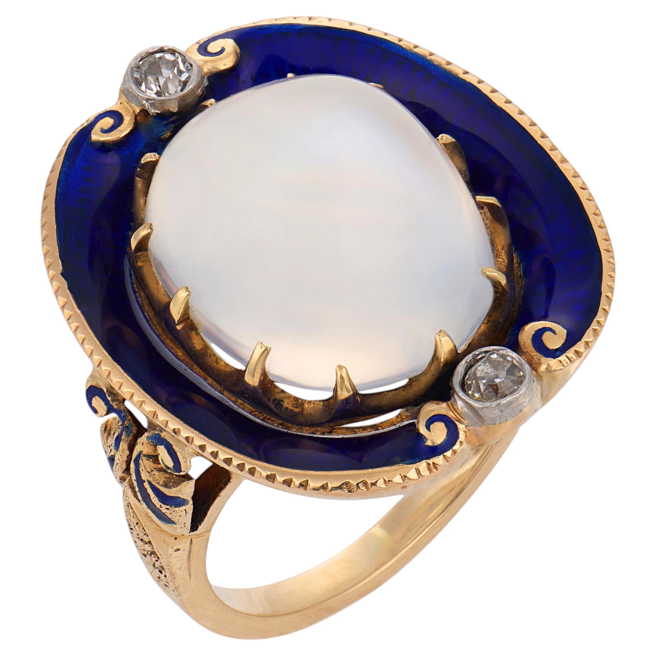 Victorian moonstone diamond blue enamel 14k yellow gold ring