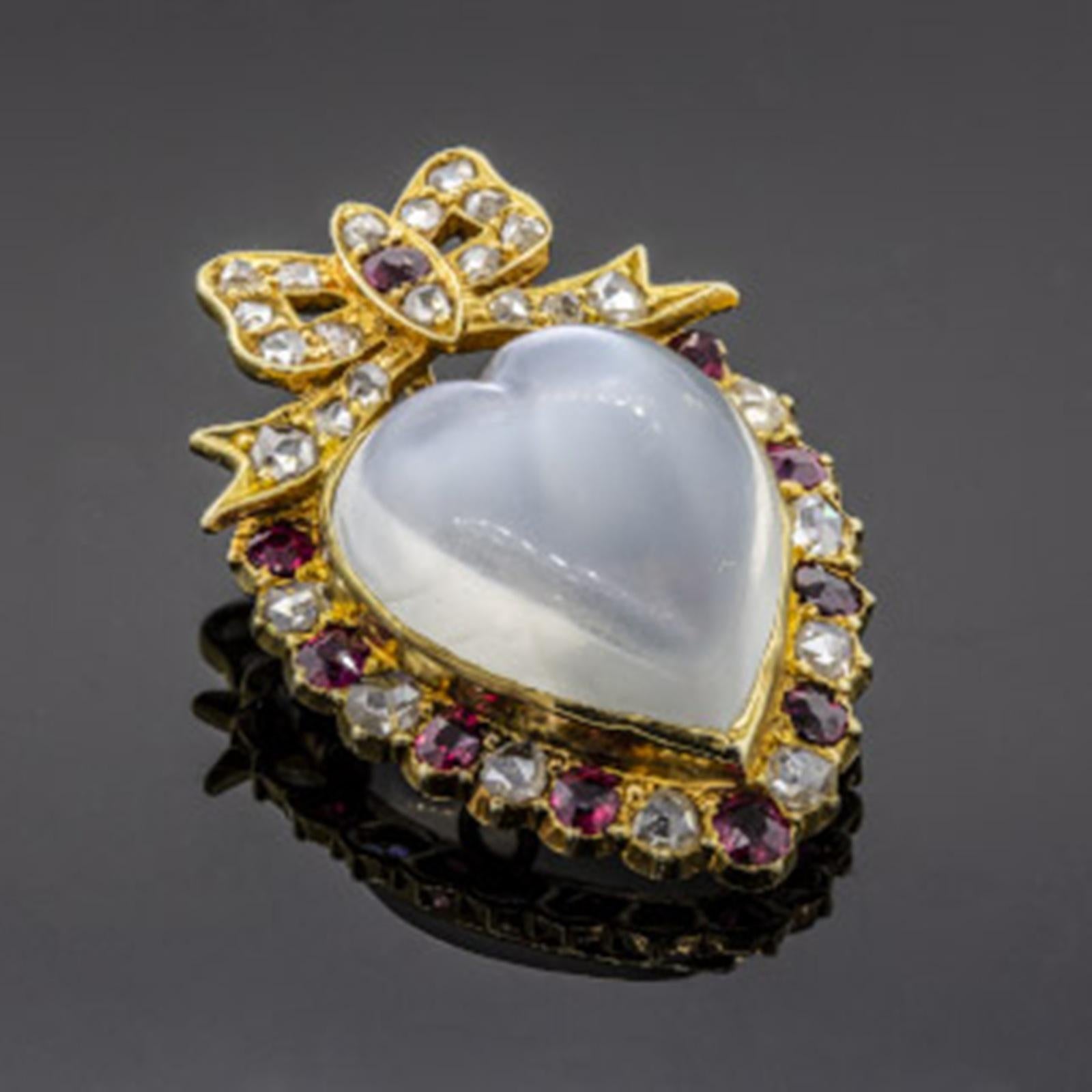 Women's or Men's Victorian Moonstone Diamond Ruby Brooch/Pendant