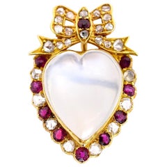 Antique Victorian Moonstone Diamond Ruby Brooch/Pendant