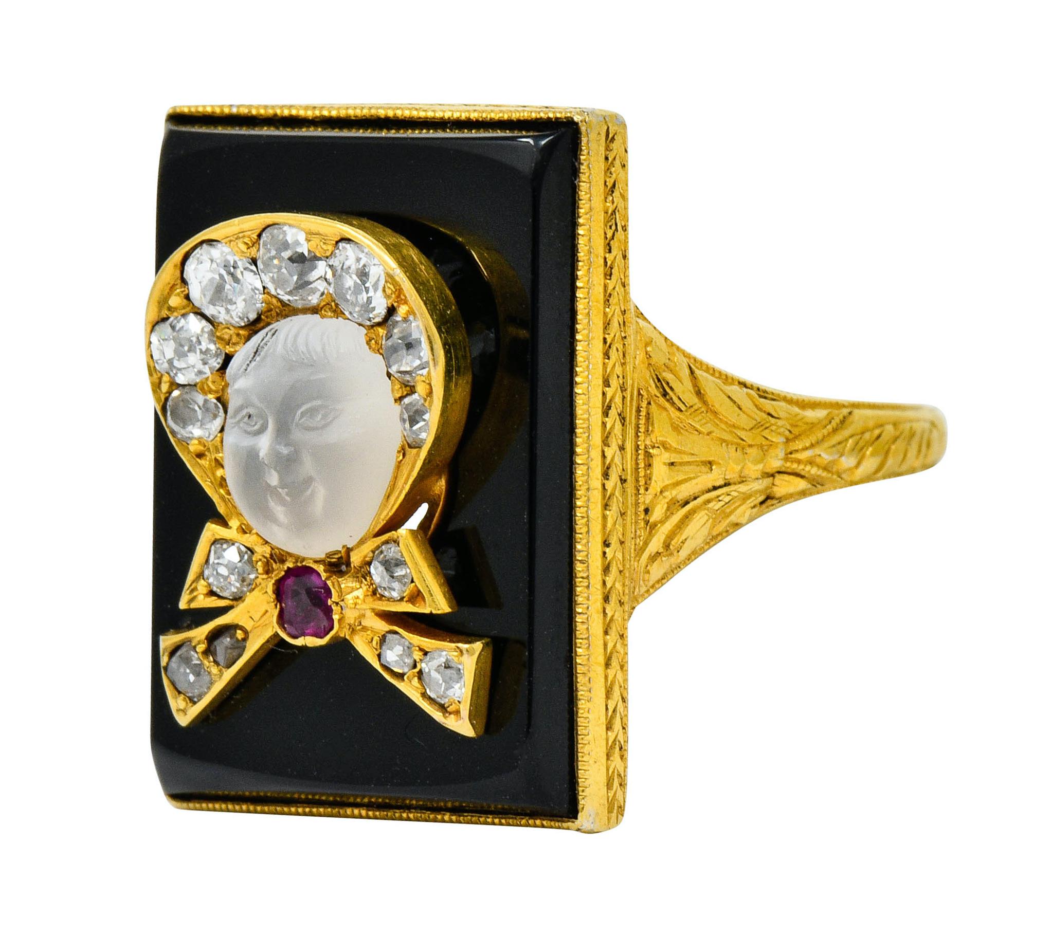 Women's or Men's Victorian Moonstone Diamond Ruby Onyx Platinum Gold Carved Baby Face Ring