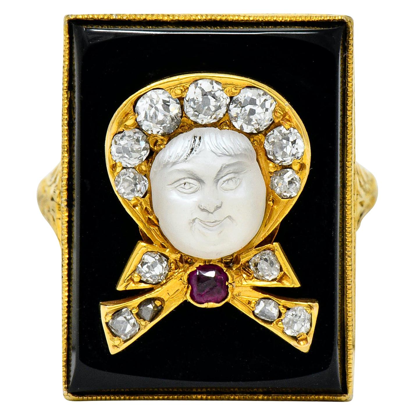 Victorian Moonstone Diamond Ruby Onyx Platinum Gold Carved Baby Face Ring
