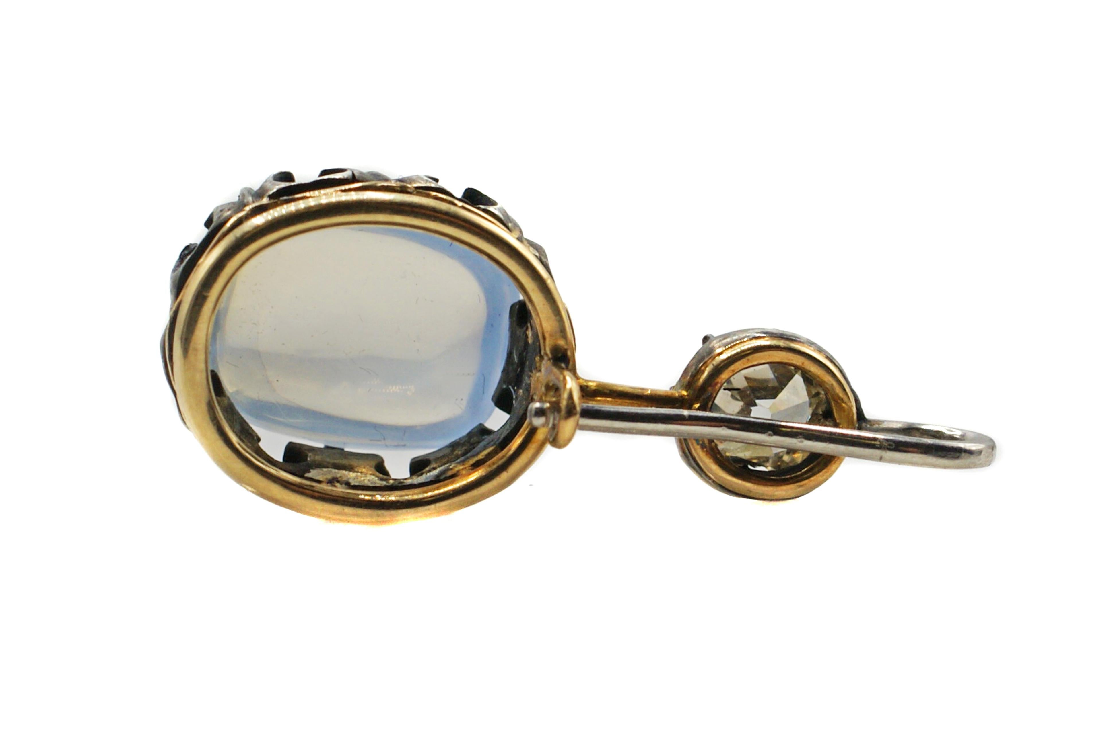 Cabochon Victorian Moonstone Diamond Silver Gold Pendant For Sale
