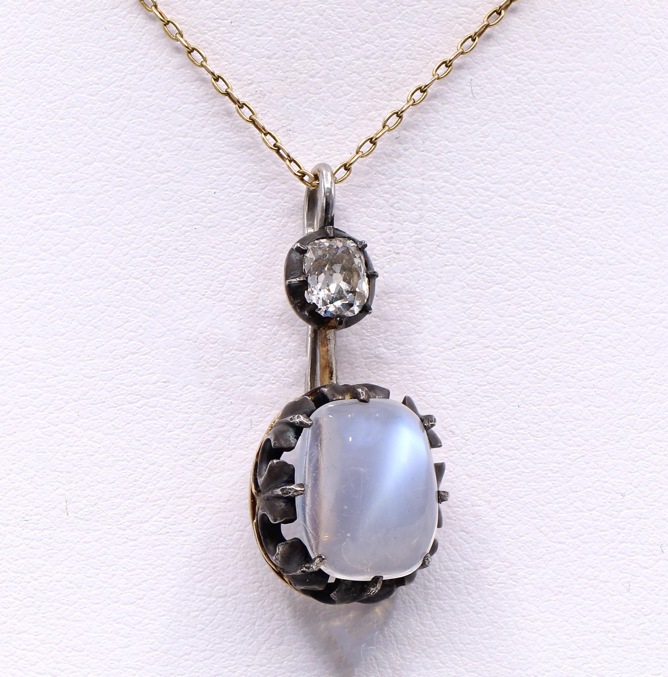 Victorian Moonstone Diamond Silver Gold Pendant In Excellent Condition For Sale In New York, NY
