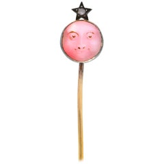 Victorian Moonstone Diamond Silver-Topped 14 Karat Gold Man-in-the-Moon Stickpin