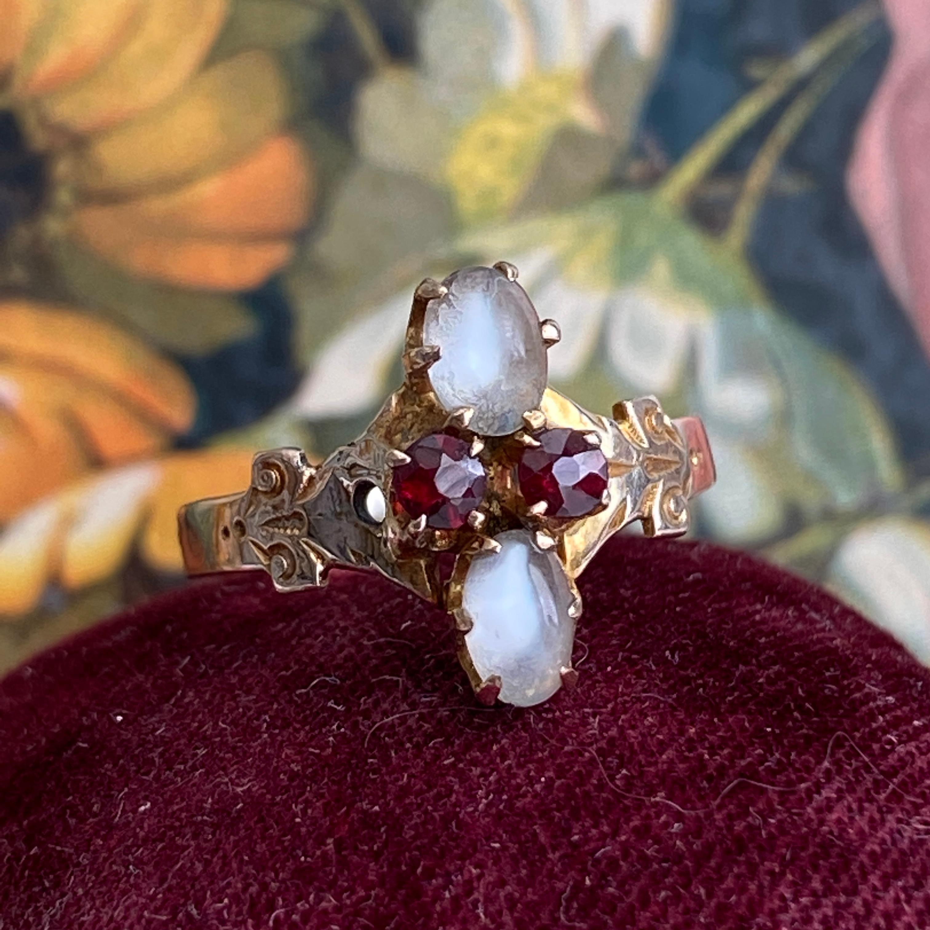 Victorian Moonstone & Garnet 14k Rose Gold Ring For Sale 6