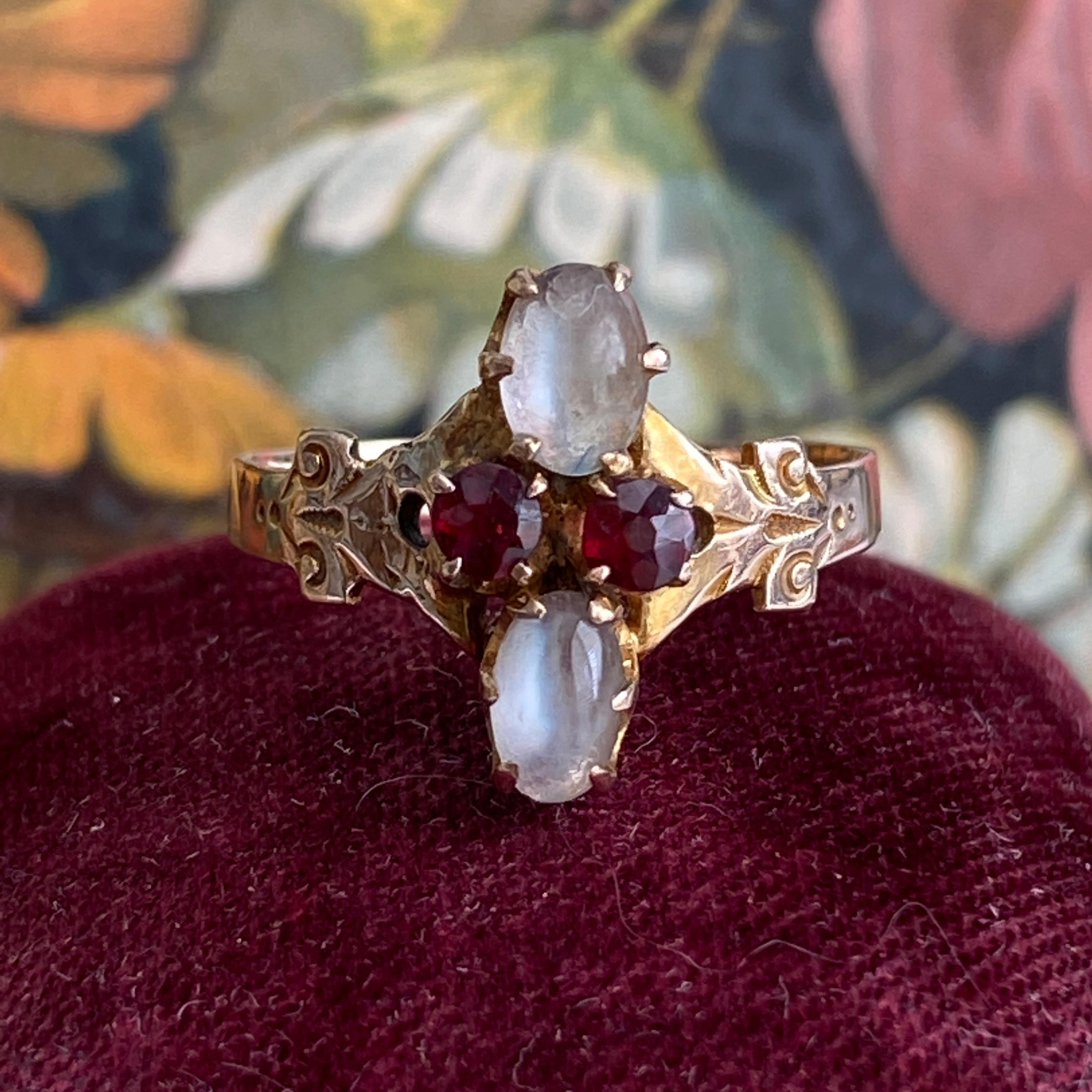 Victorian Moonstone & Garnet 14k Rose Gold Ring For Sale 7