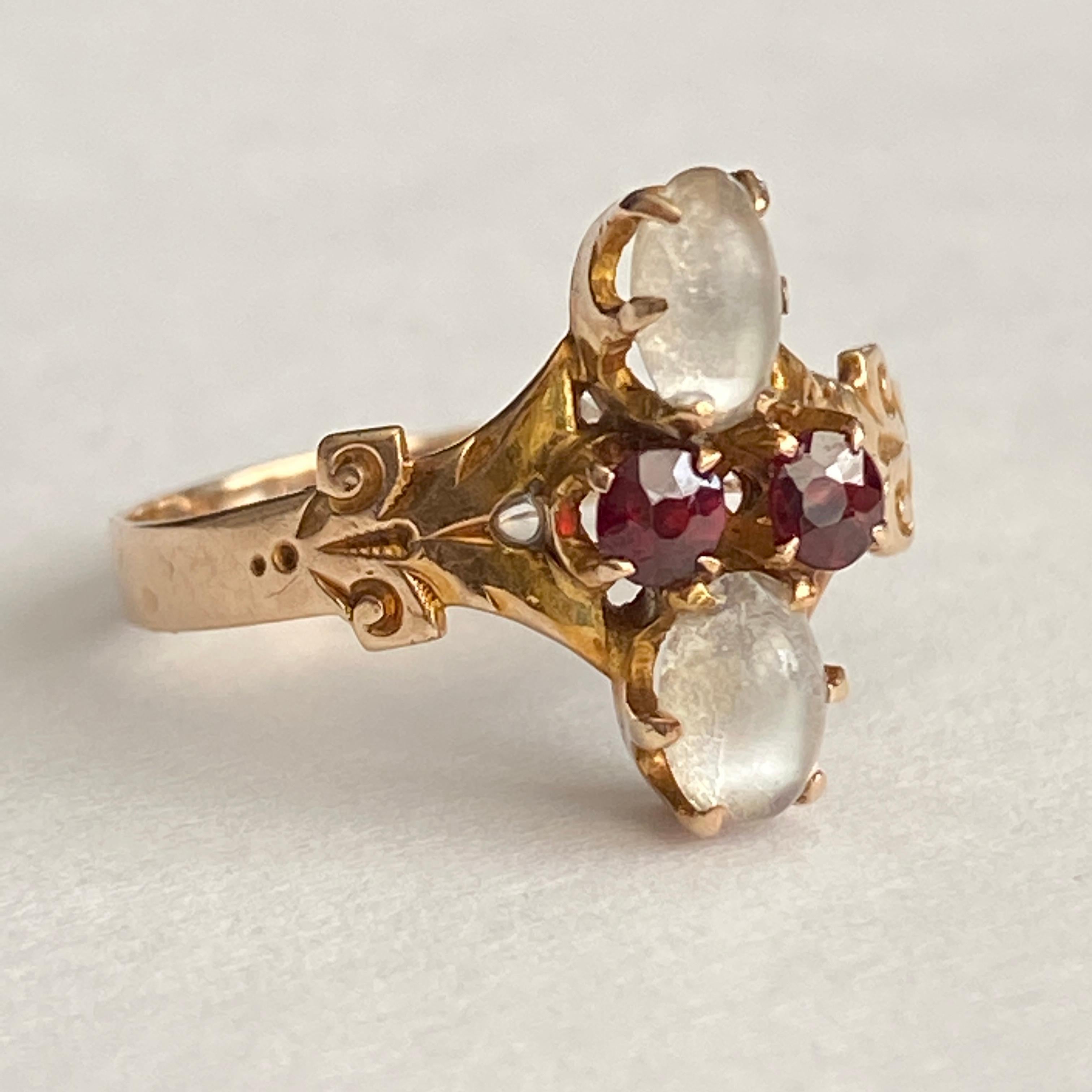 Viktorianischer Mondstein & Granat 14K Rose Gold Ring (Rosenschliff) im Angebot
