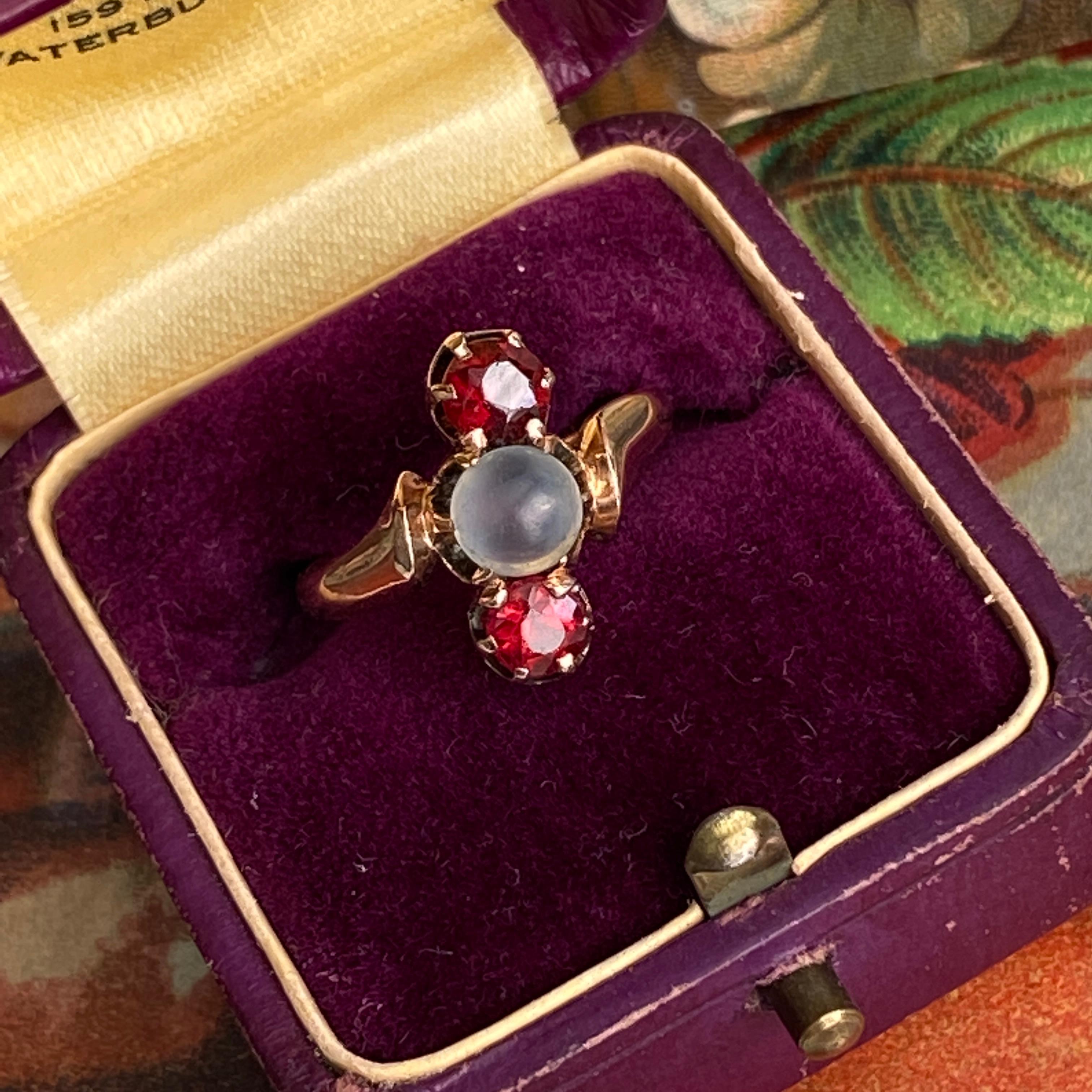 Viktorianischer Mondstein & Granat 14K Rose Gold Ring Damen im Angebot