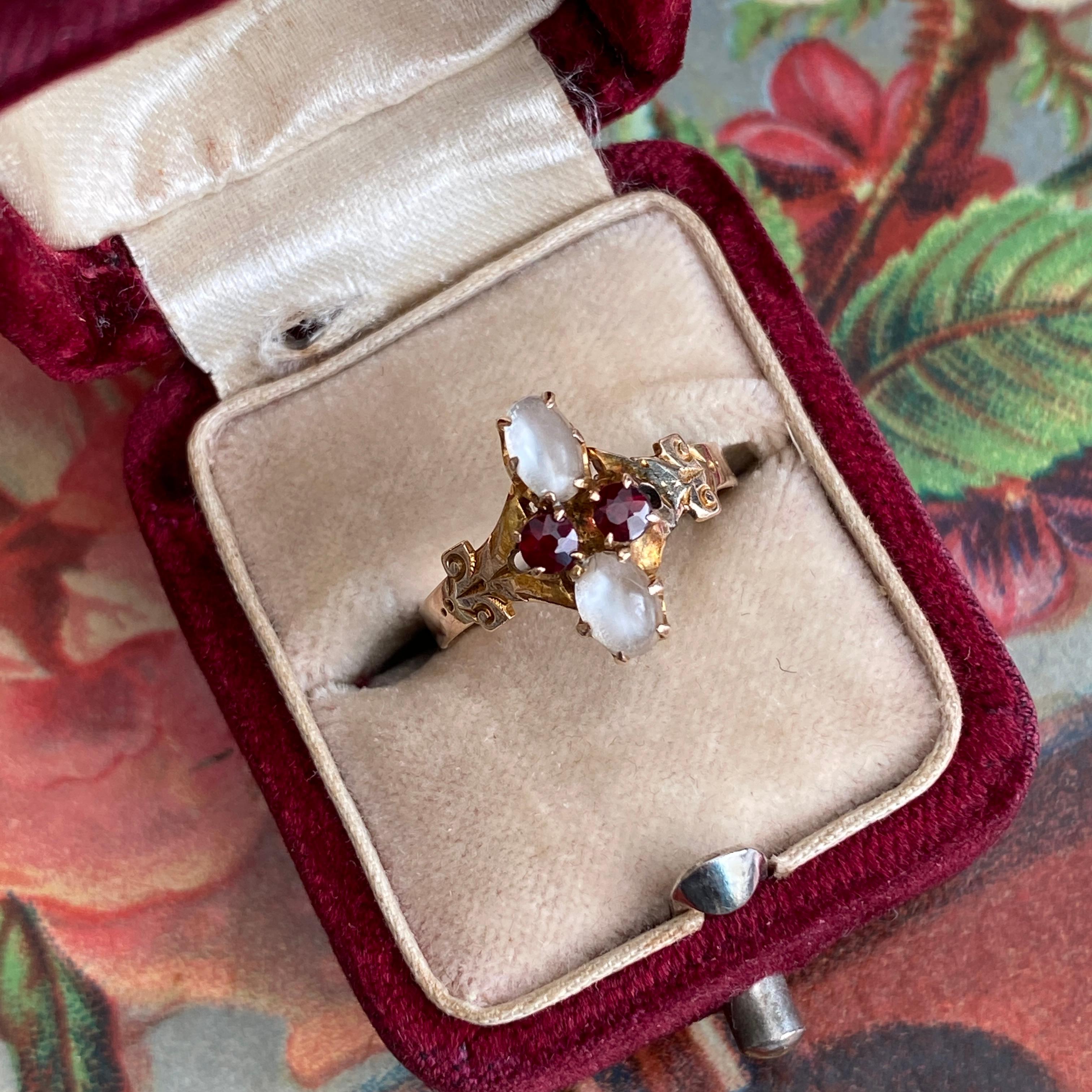 Viktorianischer Mondstein & Granat 14K Rose Gold Ring Damen im Angebot