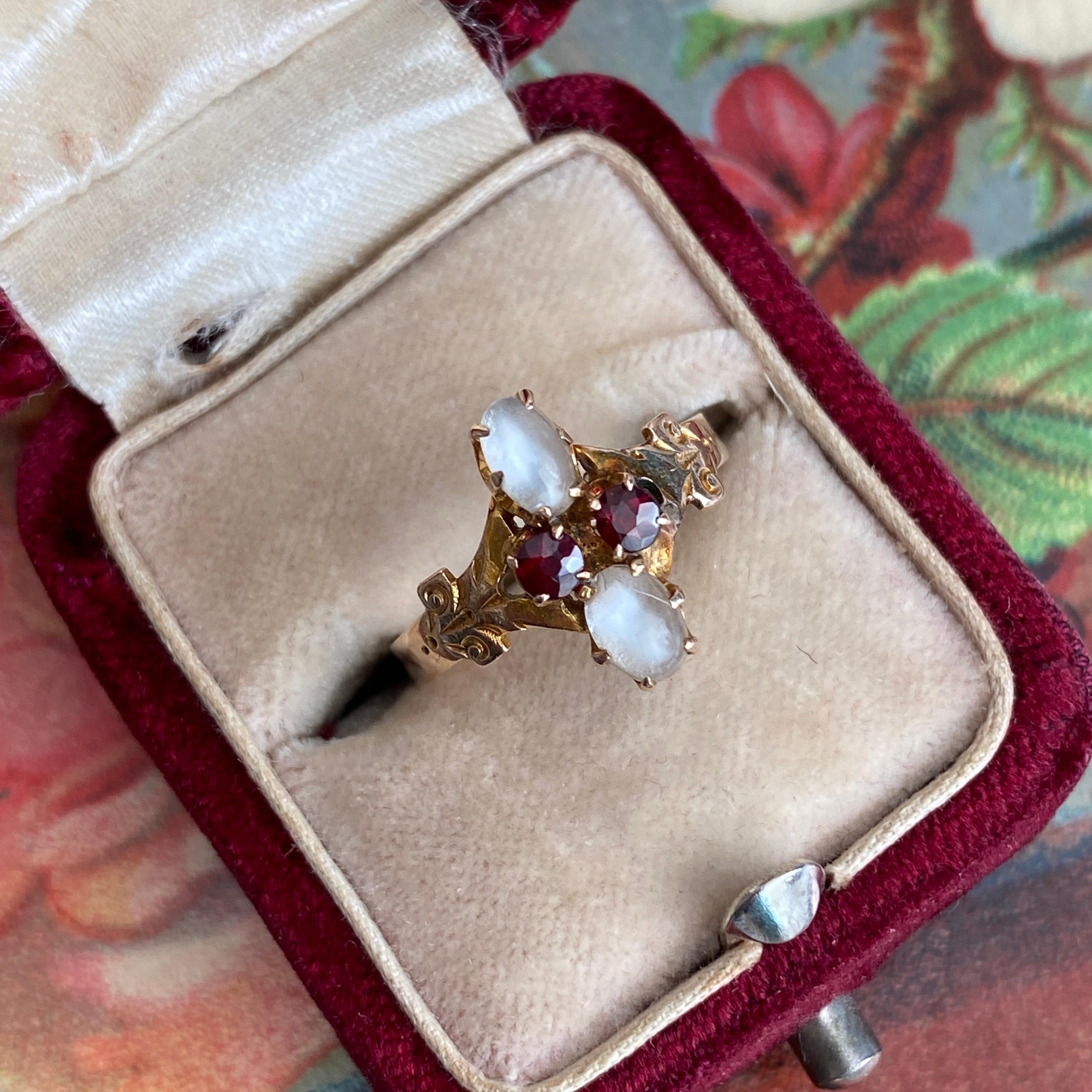 Rose Cut Victorian Moonstone & Garnet 14k Rose Gold Ring For Sale