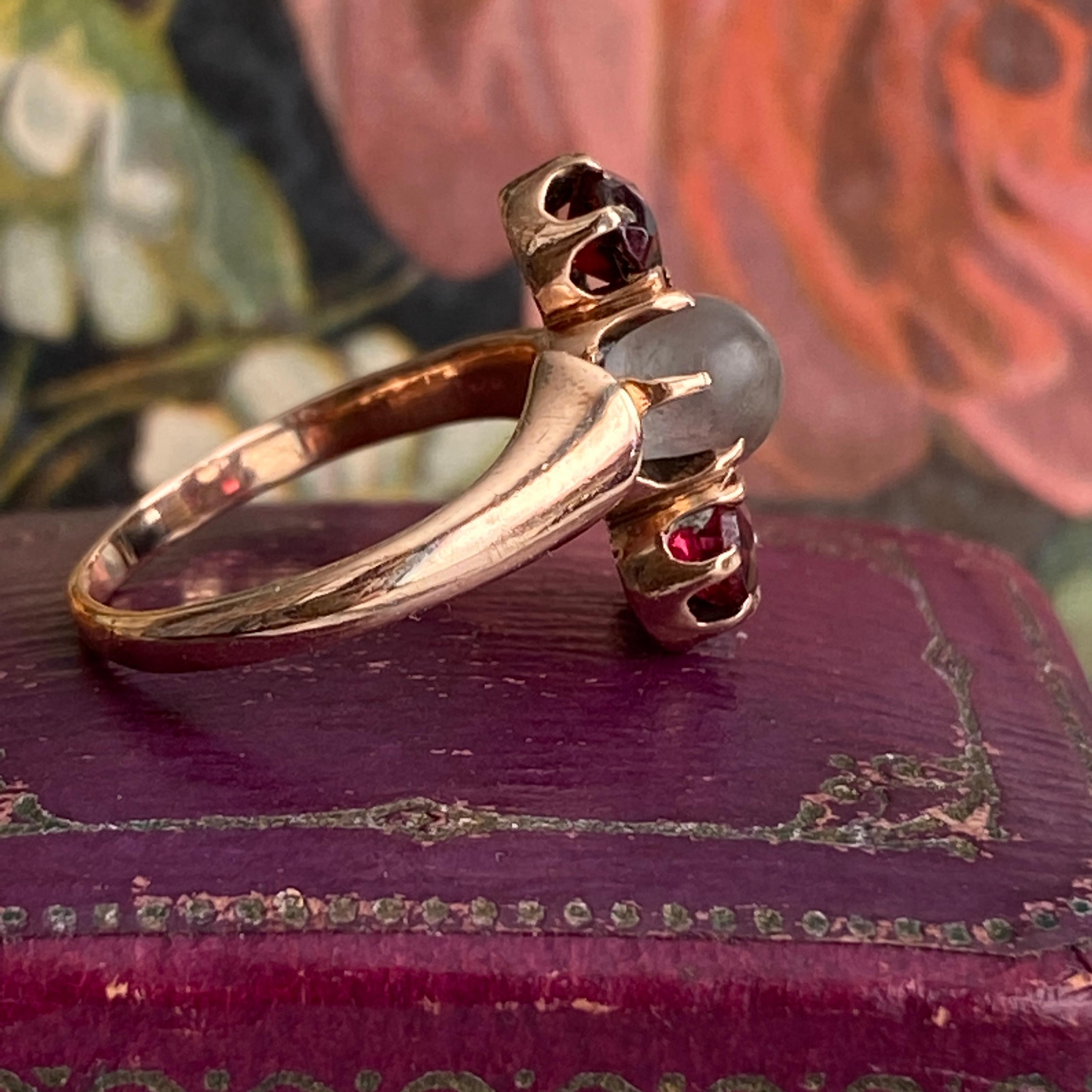 Viktorianischer Mondstein & Granat 14K Rose Gold Ring im Angebot 2