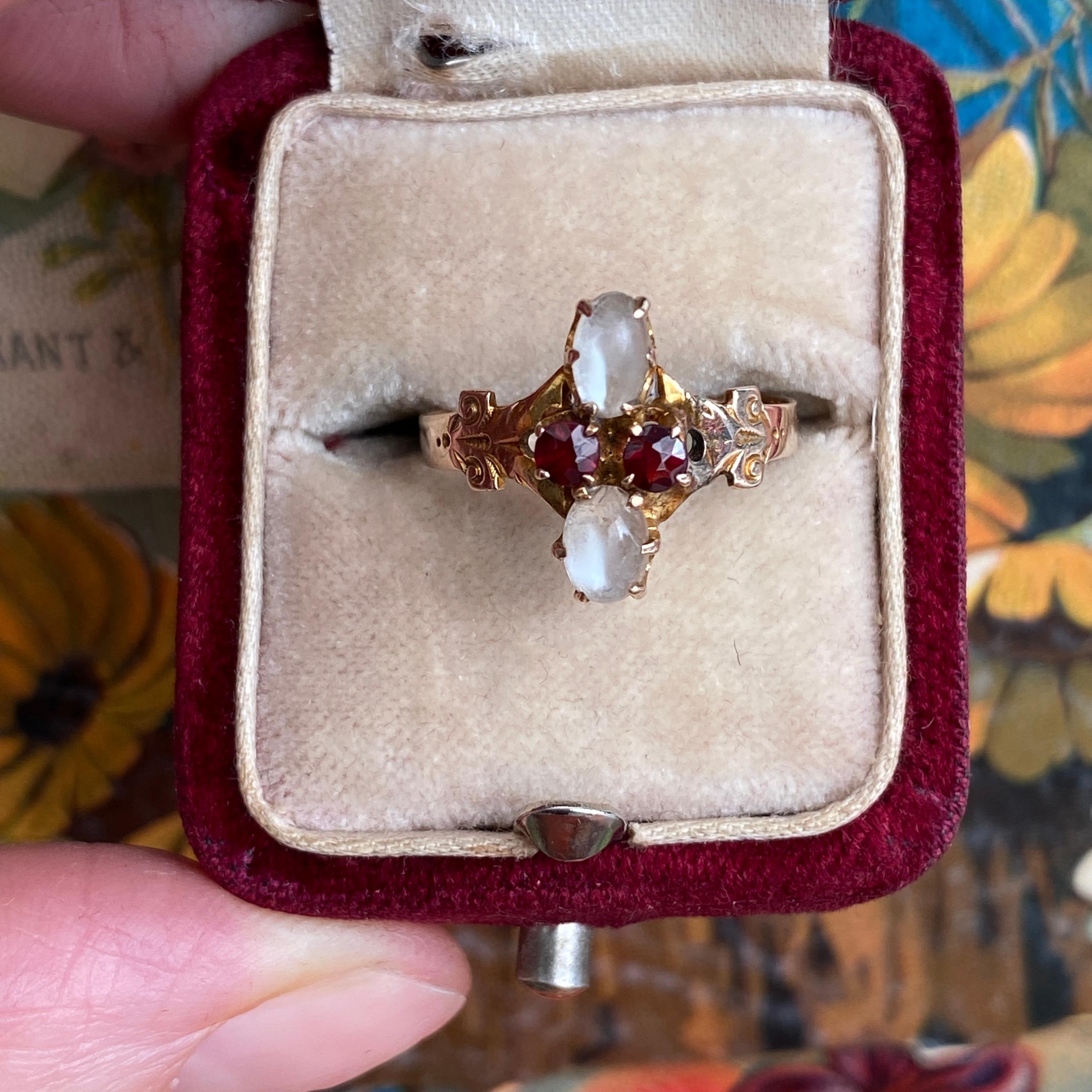 Victorian Moonstone & Garnet 14k Rose Gold Ring In Good Condition For Sale In Scotts Valley, CA