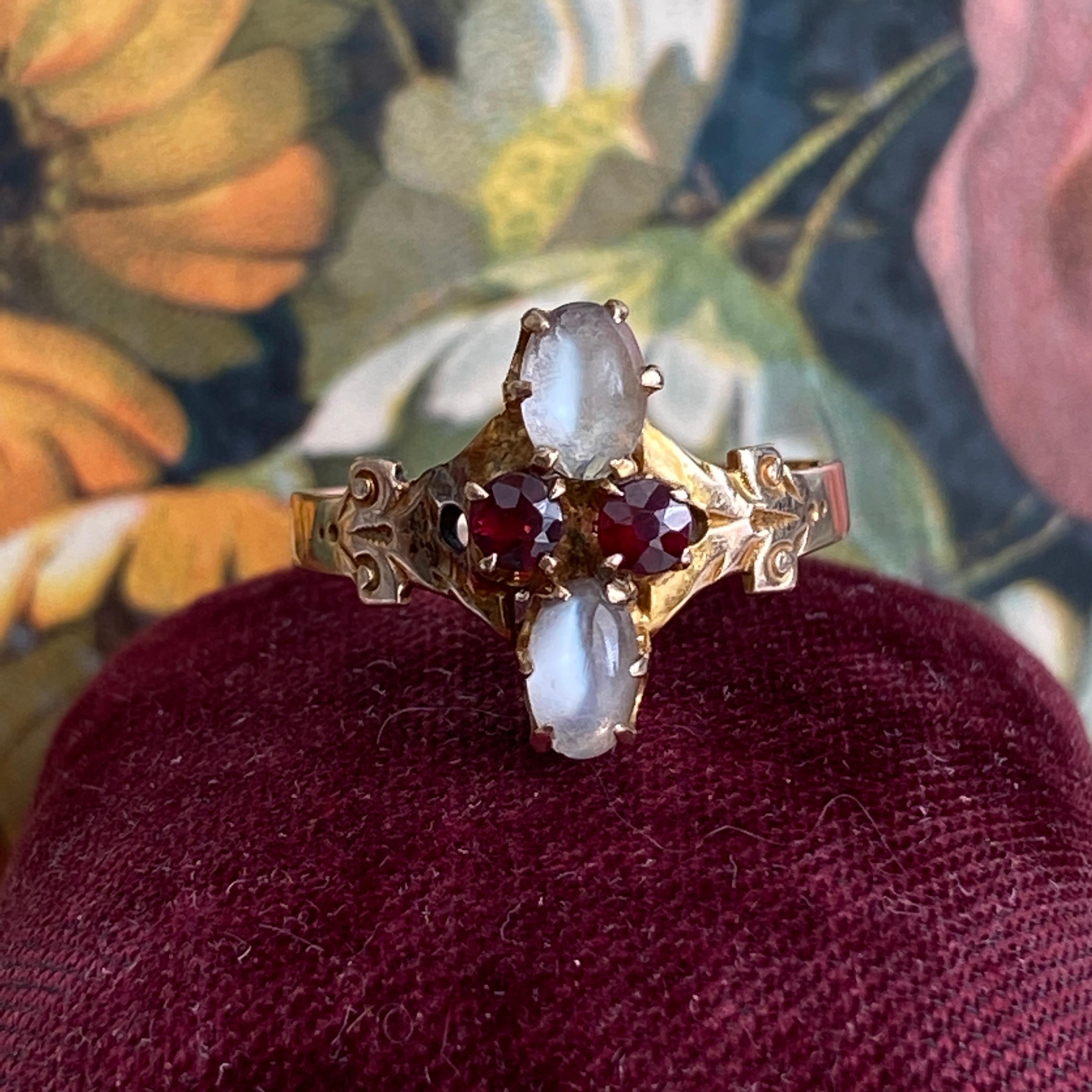 Women's Victorian Moonstone & Garnet 14k Rose Gold Ring For Sale