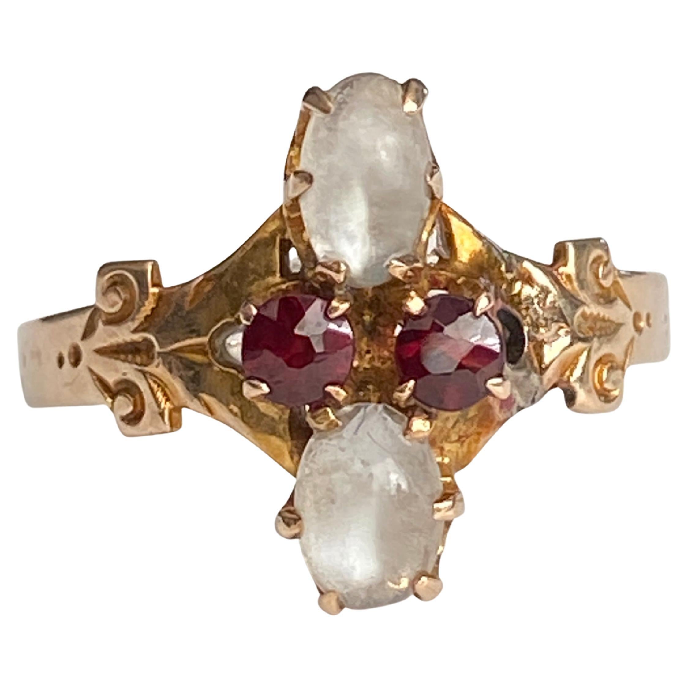 Victorian Moonstone & Garnet 14k Rose Gold Ring For Sale