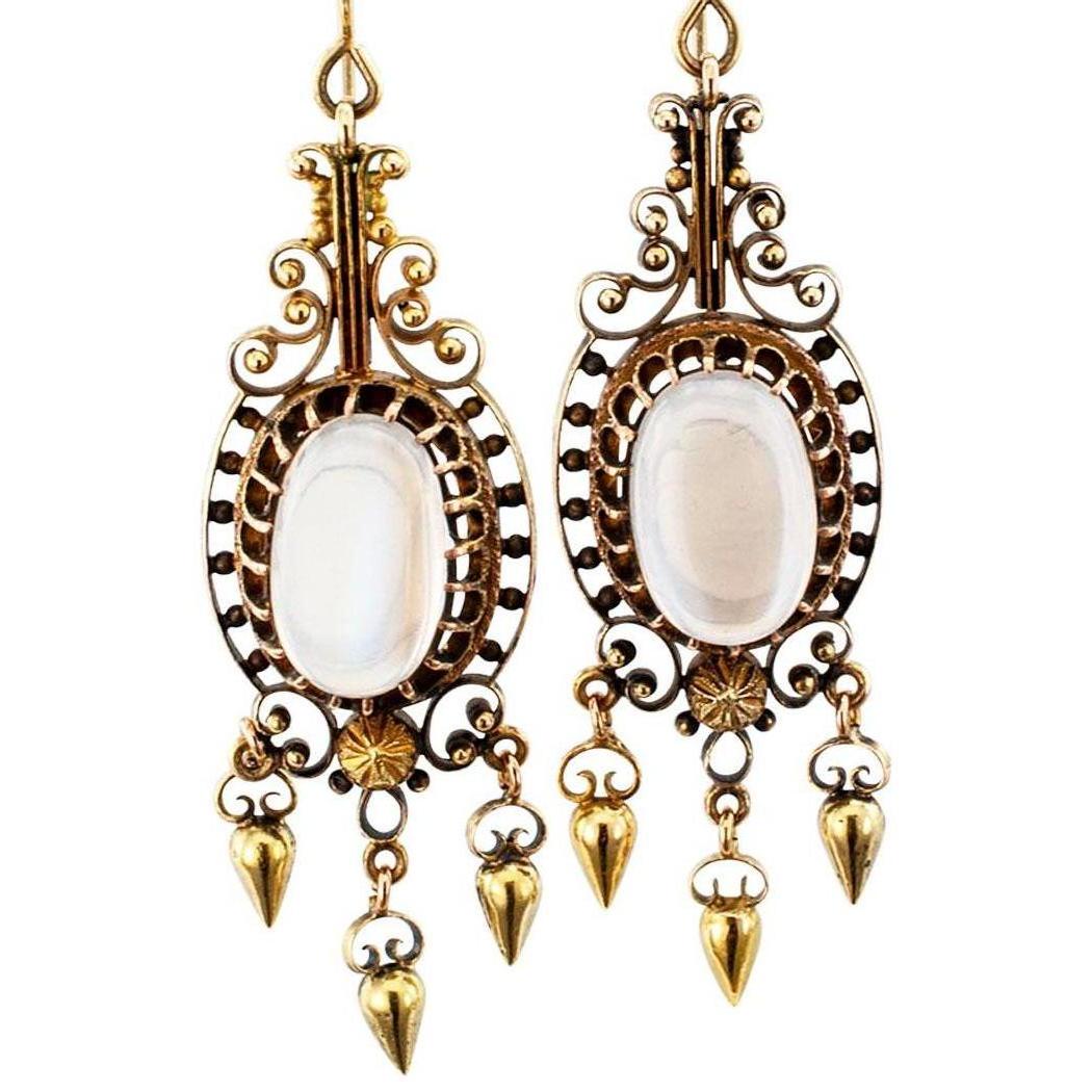 Oval Cut Victorian Moonstone Gold Pendent Earrings