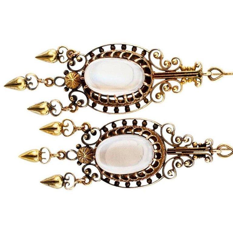 Victorian Moonstone Gold Pendent Earrings In Excellent Condition In Los Angeles, CA