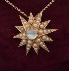 Victorian Moonstone Natural Pearl Celestial Star brooch Pendant