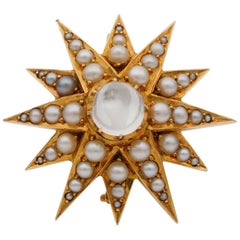 Victorian Moonstone Natural Pearl Celestial Star brooch Pendant