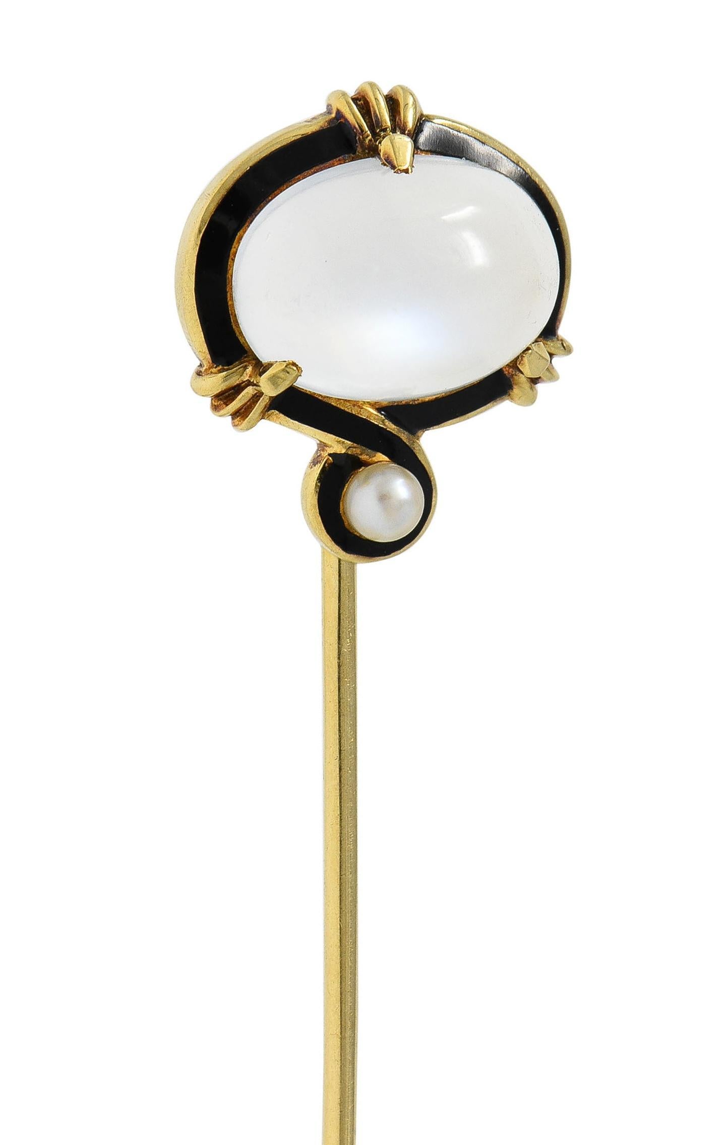 Victorian Moonstone Pearl Enamel 18 Karat Gold Antique Stickpin For Sale 5