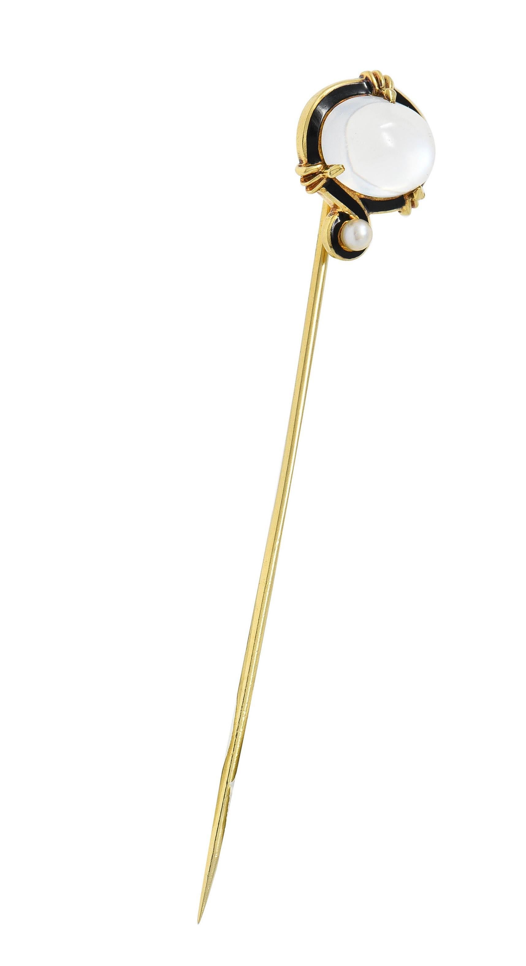 Victorian Moonstone Pearl Enamel 18 Karat Gold Antique Stickpin For Sale 6