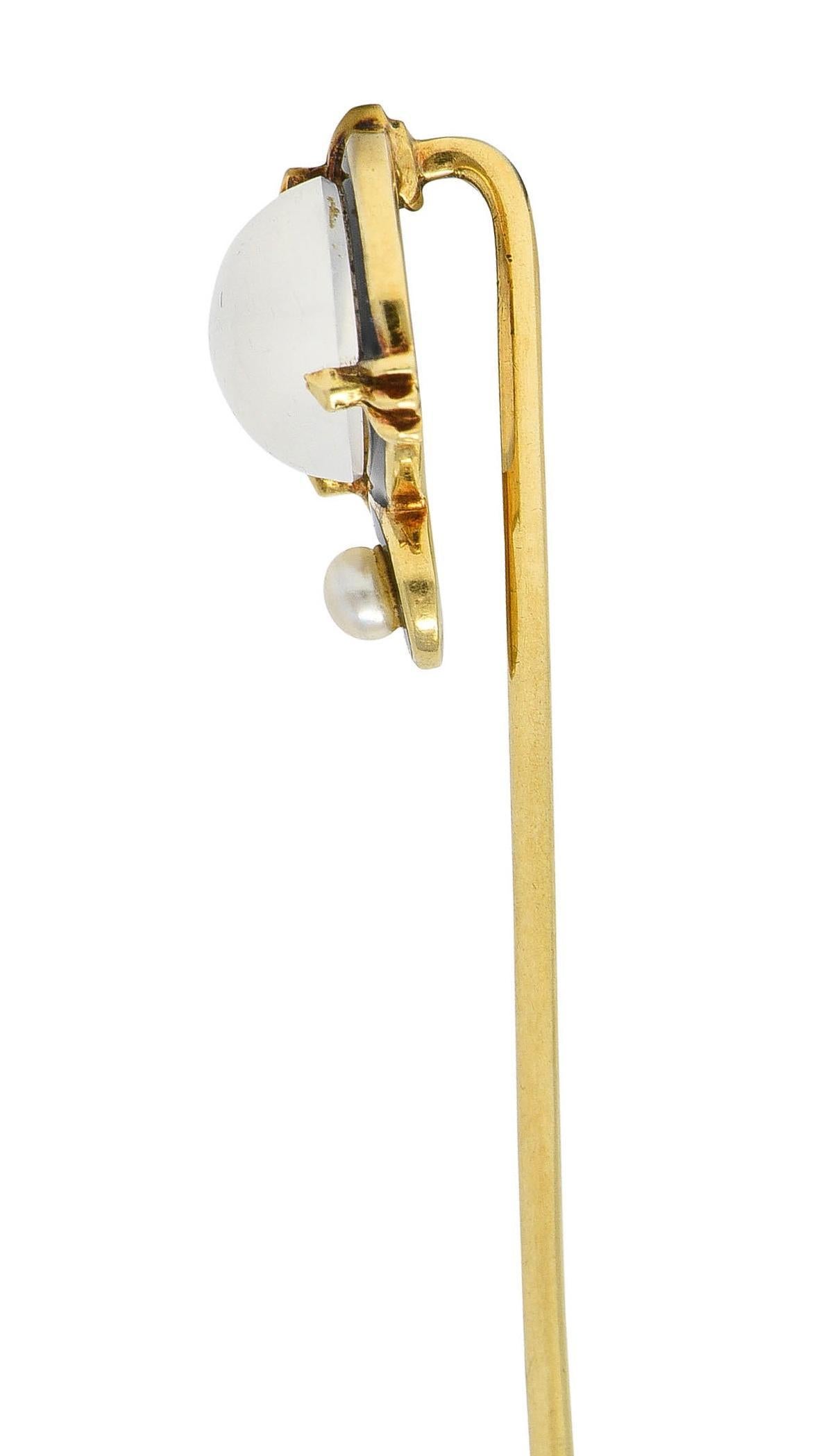 Round Cut Victorian Moonstone Pearl Enamel 18 Karat Gold Antique Stickpin For Sale