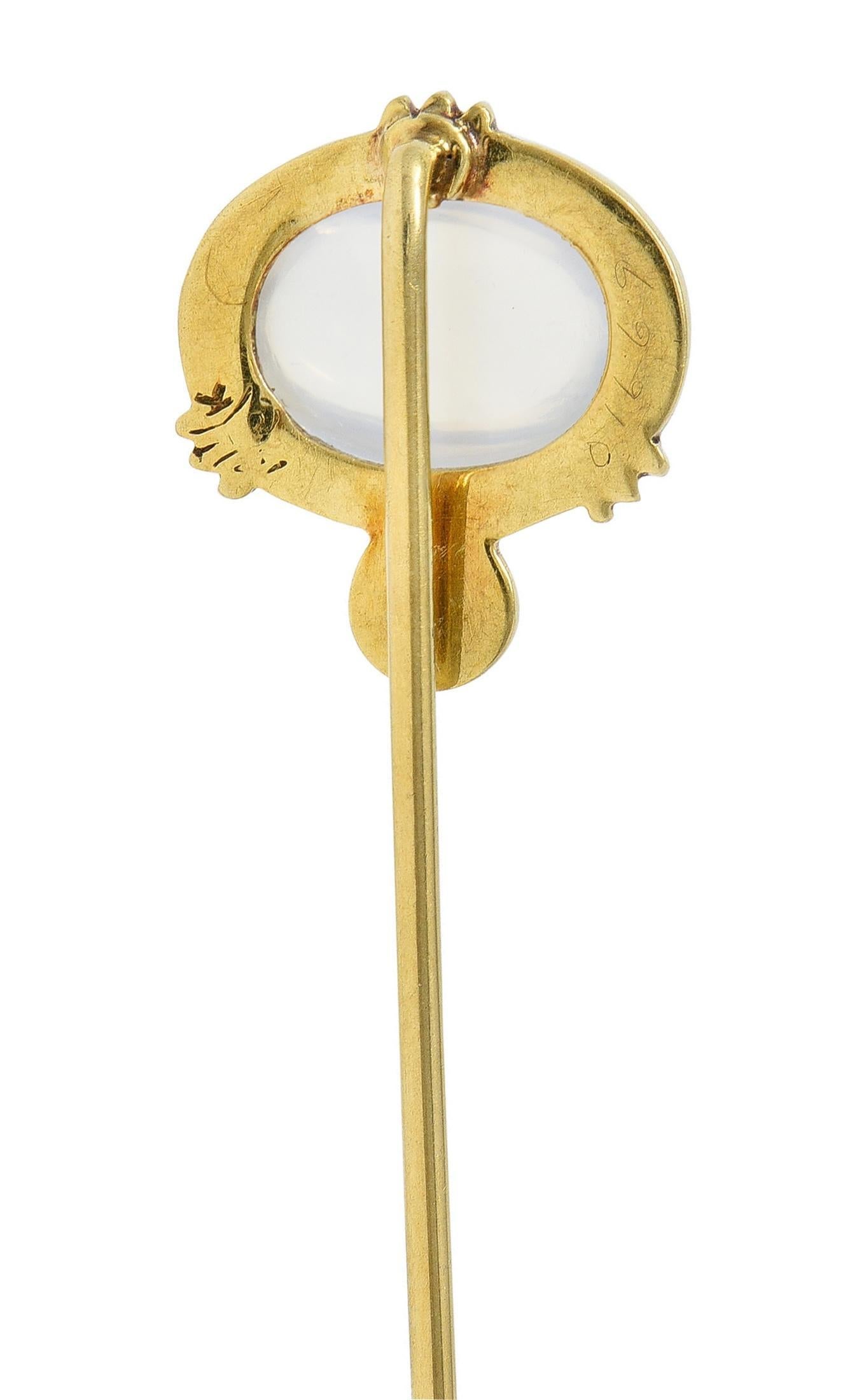 Victorian Moonstone Pearl Enamel 18 Karat Gold Antique Stickpin In Good Condition For Sale In Philadelphia, PA