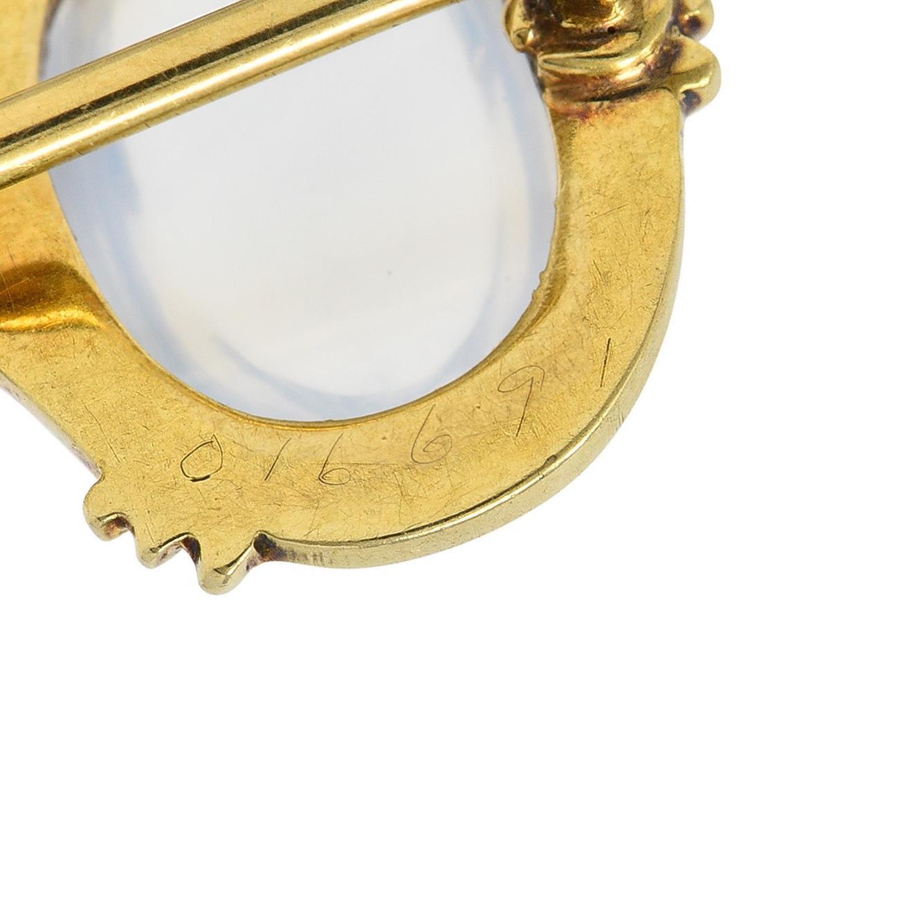 Victorian Moonstone Pearl Enamel 18 Karat Gold Antique Stickpin For Sale 2
