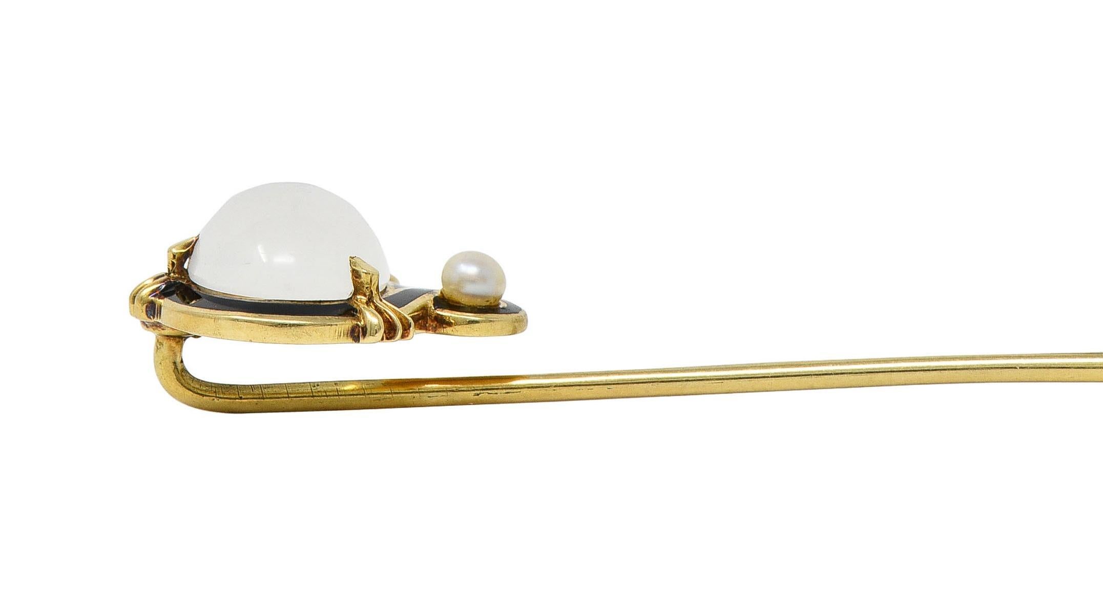 Victorian Moonstone Pearl Enamel 18 Karat Gold Antique Stickpin For Sale 3